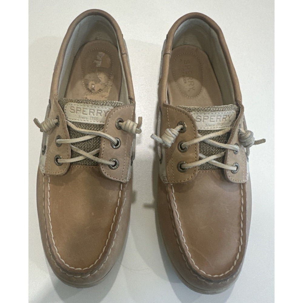 Sperry Songfish Boat Shoes Women 9.5 Linen Oat Tan Leather Comfort Moc Toe